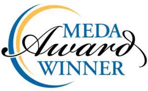 Logo: MEDA Award Winner in blue, gold and black script