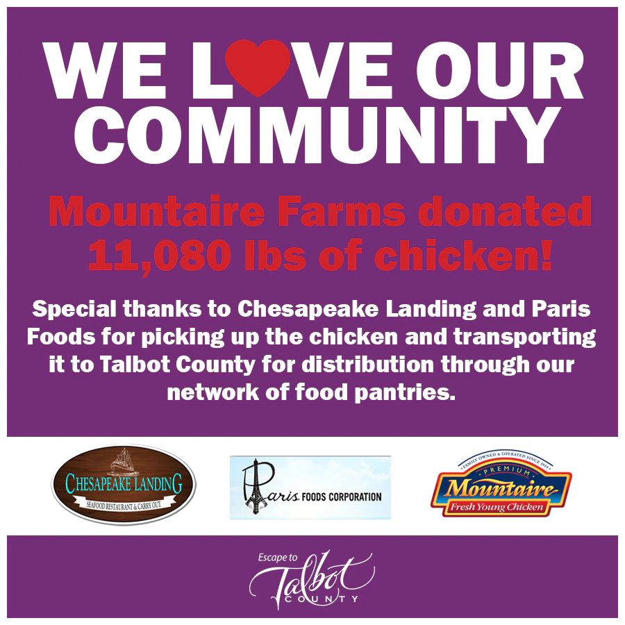 Graphic: We love our community announcing Mountaire Farms donated 11,080 lbs of chicken, with partner logos