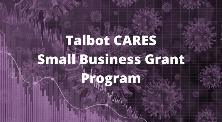 Graphic: Talbot CARES Small Business Grant Program over a purple background with a declining chart