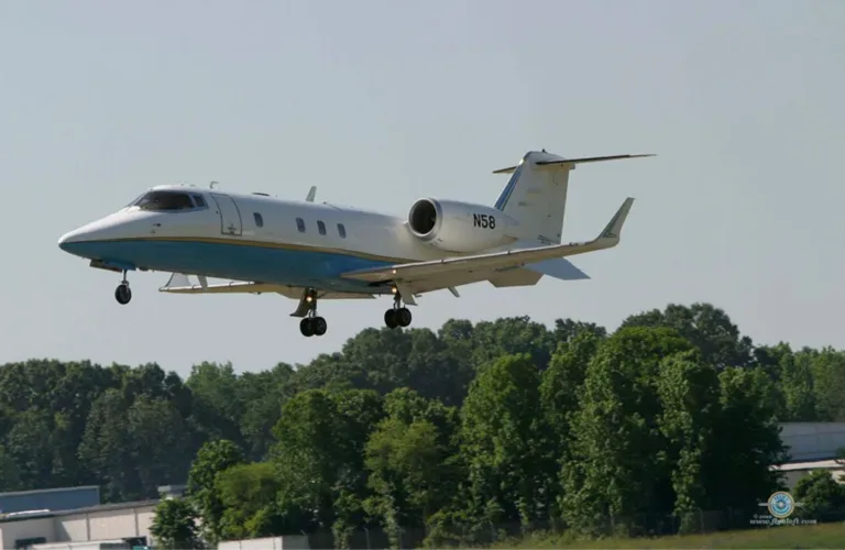 Small white jet with blue stripe taking off over tree line
