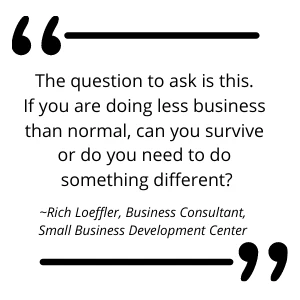 Quote card from Rich Loeffler, Small Business Development Center: can you survive when business is down or must you change