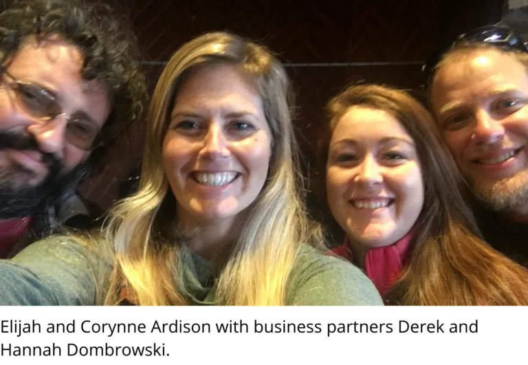 Elijah and Corynne Ardison with business partners Derek and Hannah Dombrowski, smiling in a group selfie