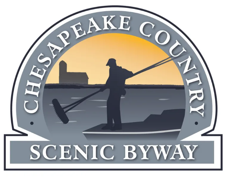 Chesapeake Country Scenic Byway logo with a watermen silhouette poling a boat at sunset