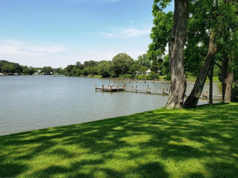 Manicured lawn sloping to a calm lake with a wooden dock and trees