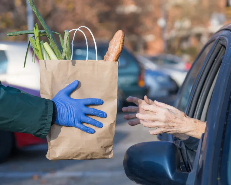 Gloved hand handing a grocery bag with leeks and bread through a car window