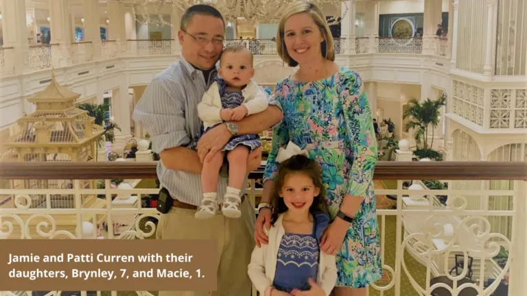 Jamie and Patti Curren with their daughters Brynley and Macie in a bright atrium