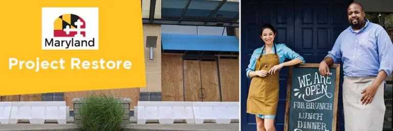 Graphic: Project Restore, Maryland, boarded storefront beside two smiling business owners at a shop door