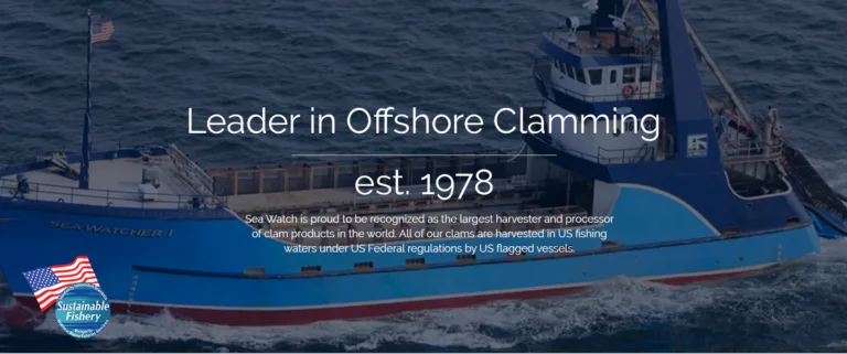 Blue offshore clam boat with US flag; banner reads Leader in Offshore Clamming, est. 1978
