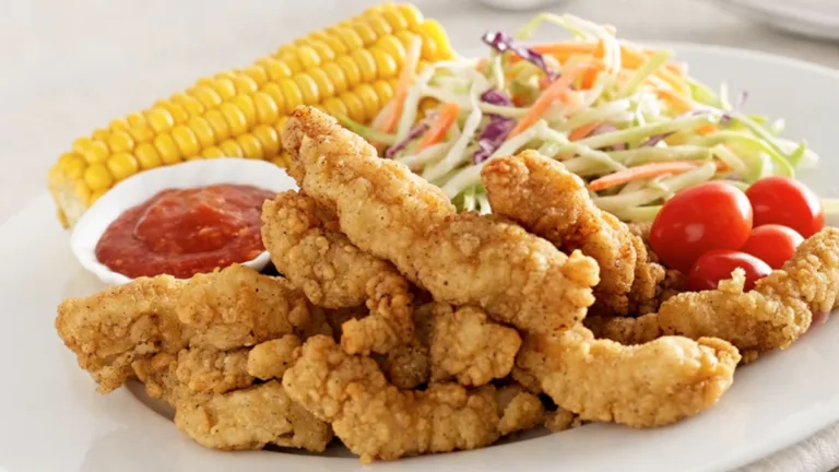 Plate of breaded chicken tenders with corn on the cob, coleslaw and tomatoes