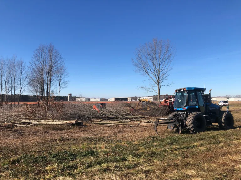 Blue tractor clearing trees from a field with cut logs piled nearby