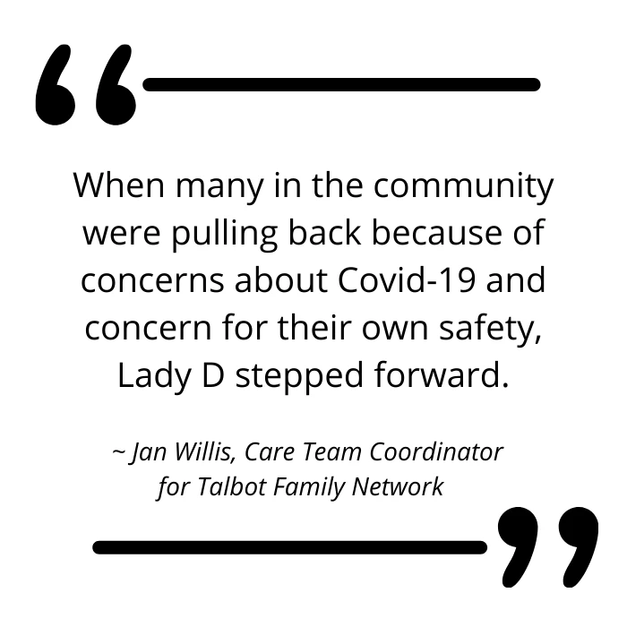 Quote card from Jan Willis, Talbot Family Network, on Lady D stepping forward during COVID-19