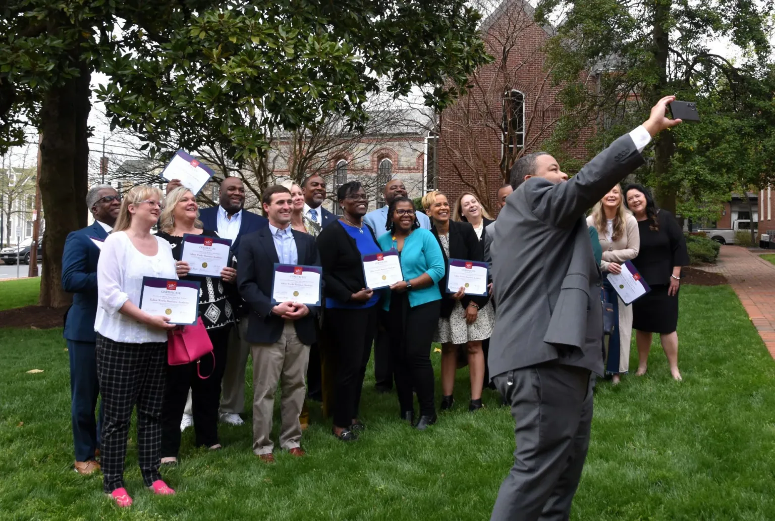 The Talbot Works Business Academy’s inaugural participants gather on the courthouse lawn to celebrate their graduation, with program facilitator Will Holmes taking a selfie. The second cohort of the Talbot Works Business Academy begins September 10, with limited participation for Talbot County small and minority business owners. Applications are at www.talbotworks.org and are due by August 1.