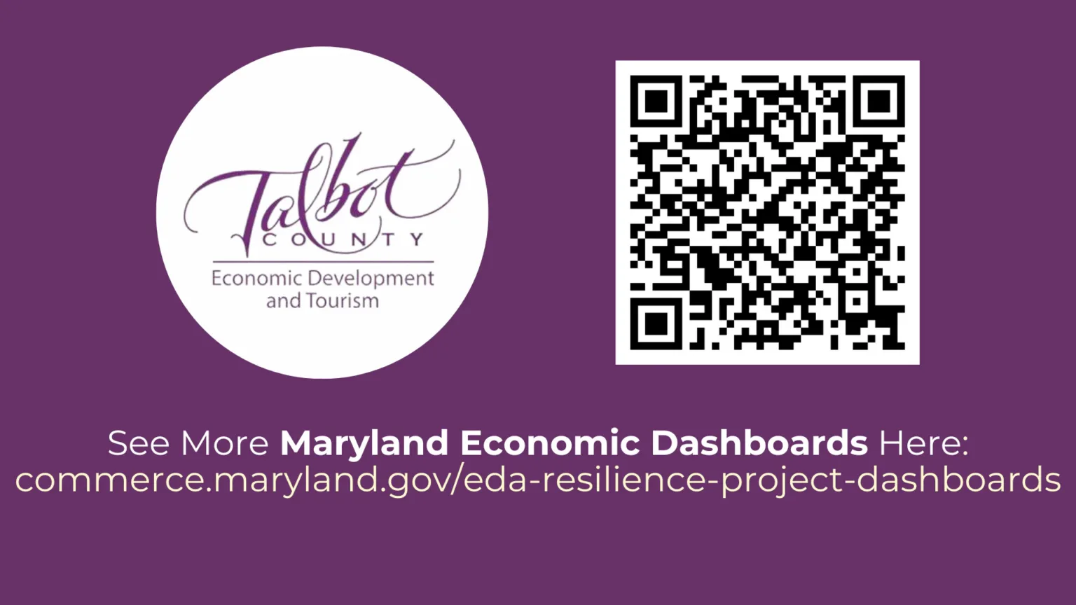 Promo: Talbot County logo, QR code, and link to Maryland Economic Dashboards