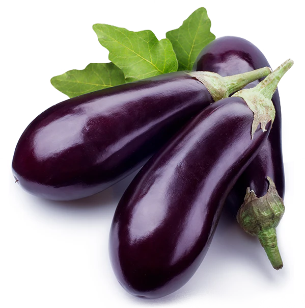 Three glossy purple eggplants with green leaves on a white background.