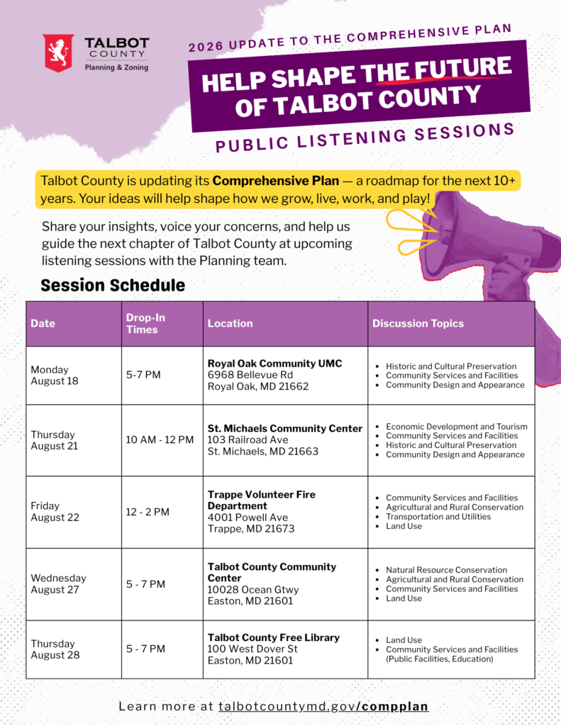 August Listening Sessions for the 2026 Update to Talbot County Planning and Zoning's Comprehensive Plan
