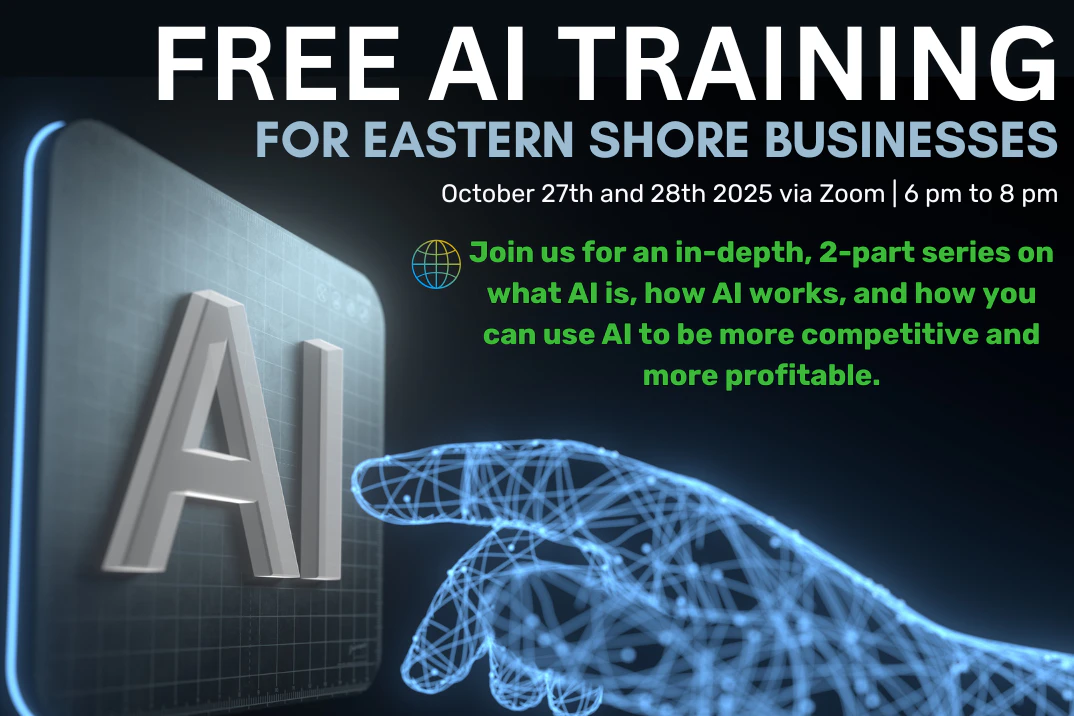 Free AI Training for Eastern Shore Businesses flyer: October 27 and 28, 2025, via Zoom, 6 to 8 pm.