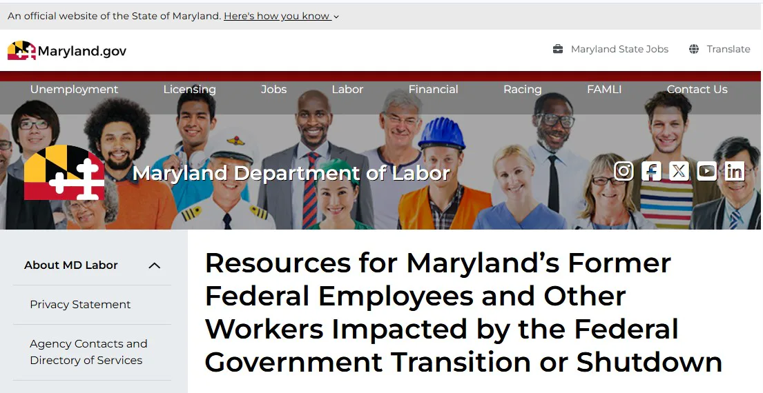 Maryland Department of Labor web page titled Resources for Maryland's Former Federal Employees and Other Workers.