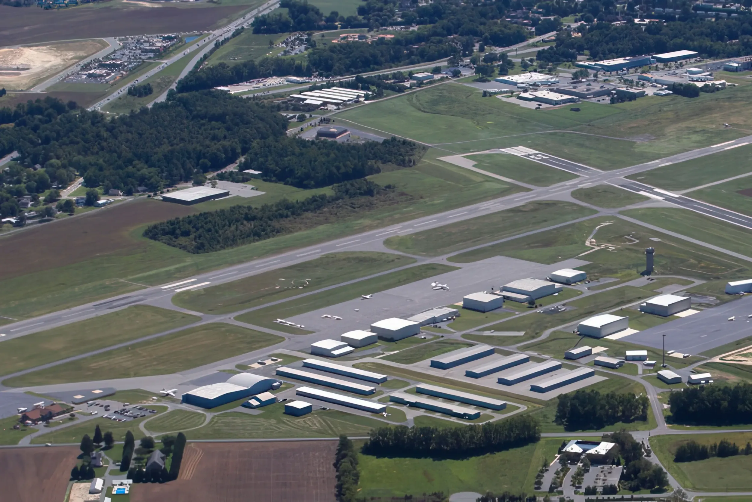 An aerial drone shot of the ESN airport.