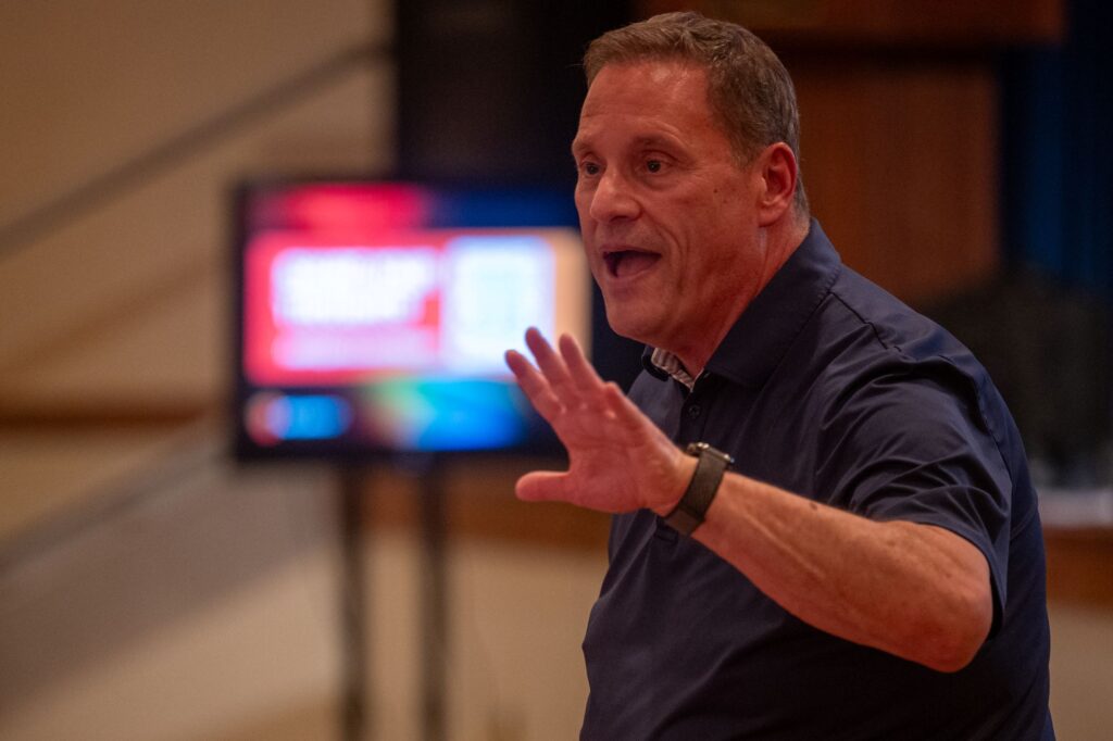 Mark Perna addressing crowd in Talbot County