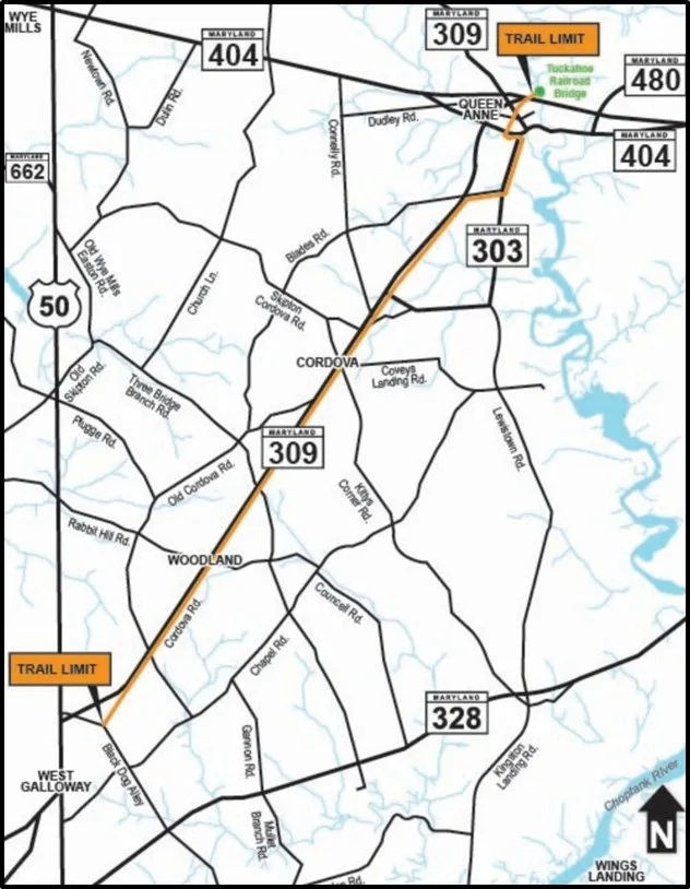 Map of a rail-trail route from West Galloway to Queen Anne, marked with trail limits and Maryland routes.