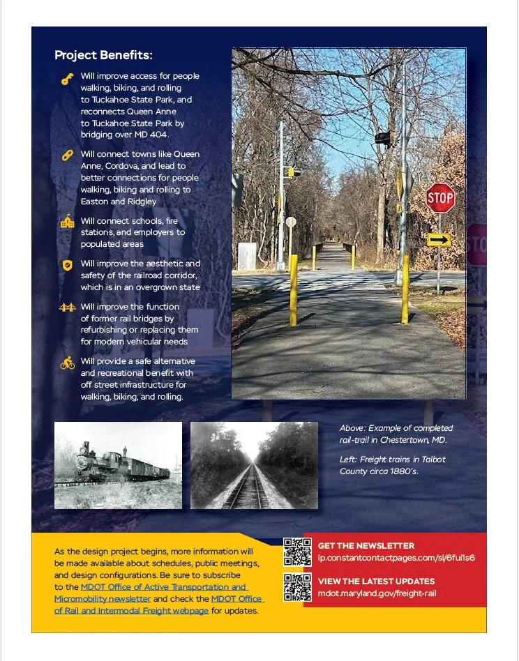 Rail-trail project flyer listing project benefits, with a photo of a completed trail and newsletter info.